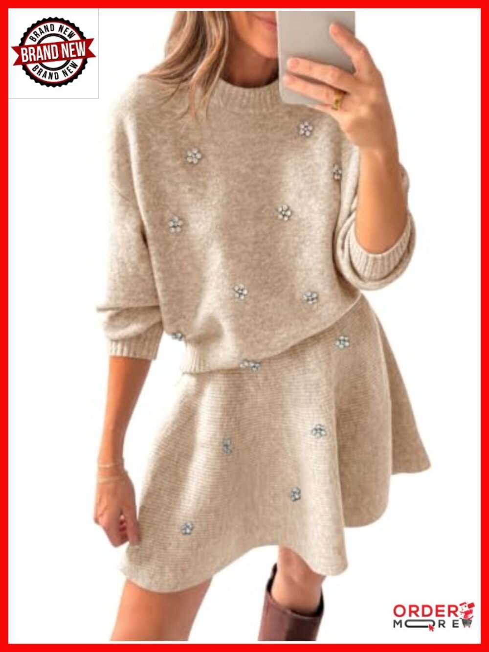 Women's 2 Piece Knit Sweater Skirt Set with Rhinestones - Long Sleeve Crew Neck